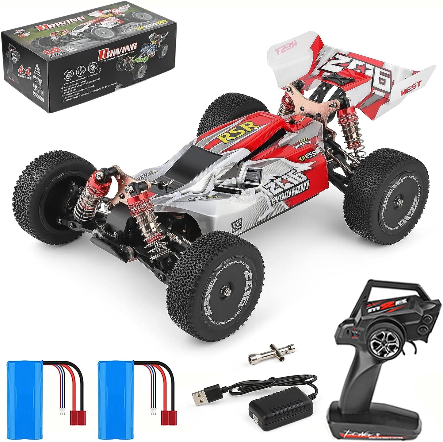 144001 Racing RC Cars,1:14 Scale High Speed Remote Control Car for Adults Kids, Fast RC Cars with 2 Batteries, 2.4GHz RC Buggy Off-Road Drift Car with RTR Aluminum Alloy Chassis