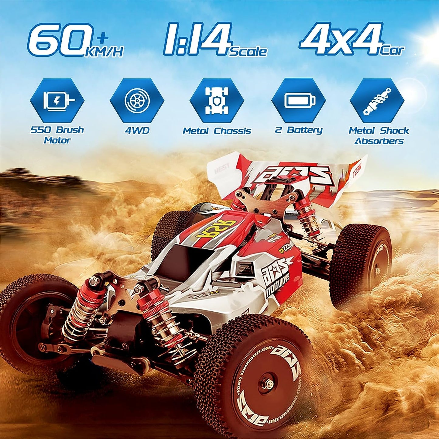 144001 Racing RC Cars,1:14 Scale High Speed Remote Control Car for Adults Kids, Fast RC Cars with 2 Batteries, 2.4GHz RC Buggy Off-Road Drift Car with RTR Aluminum Alloy Chassis