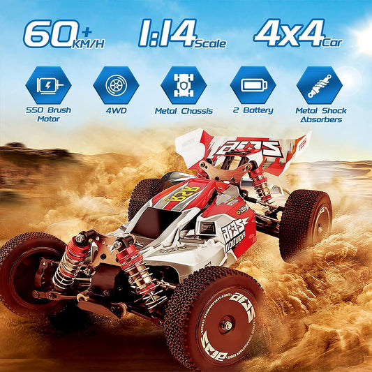 144001 Racing RC Cars,1:14 Scale High Speed Remote Control Car for Adults Kids, Fast RC Cars with 2 Batteries, 2.4GHz RC Buggy Off-Road Drift Car with RTR Aluminum Alloy Chassis