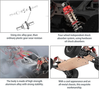 144001 Racing RC Cars,1:14 Scale High Speed Remote Control Car for Adults Kids, Fast RC Cars with 2 Batteries, 2.4GHz RC Buggy Off-Road Drift Car with RTR Aluminum Alloy Chassis