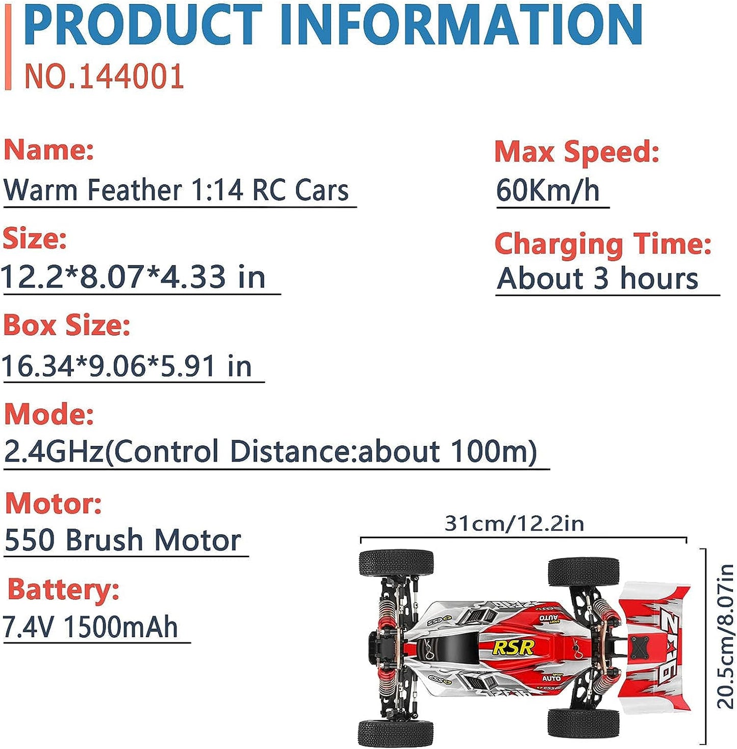 144001 Racing RC Cars,1:14 Scale High Speed Remote Control Car for Adults Kids, Fast RC Cars with 2 Batteries, 2.4GHz RC Buggy Off-Road Drift Car with RTR Aluminum Alloy Chassis