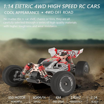 144001 Racing RC Cars,1:14 Scale High Speed Remote Control Car for Adults Kids, Fast RC Cars with 2 Batteries, 2.4GHz RC Buggy Off-Road Drift Car with RTR Aluminum Alloy Chassis