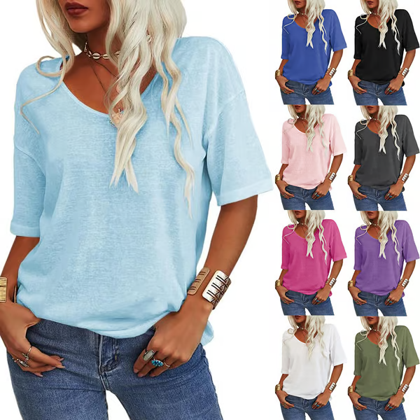 Womens Solid Color V-Neck T-shirt