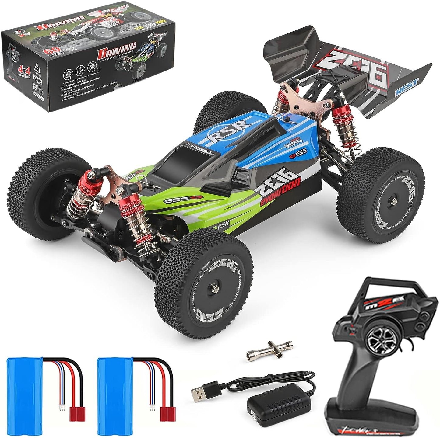 144001 Racing RC Cars,1:14 Scale High Speed Remote Control Car for Adults Kids, Fast RC Cars with 2 Batteries, 2.4GHz RC Buggy Off-Road Drift Car with RTR Aluminum Alloy Chassis