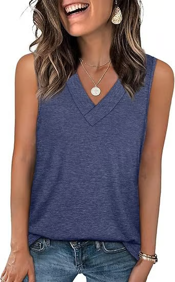 Women's Sleeveless V-Neck Slimming Loose Fit Casual Tank Top T-Shirt