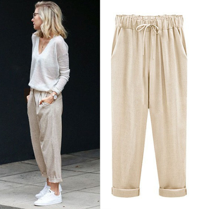 Womens Spring And Autumn New Large Size Cotton And Linen Pants