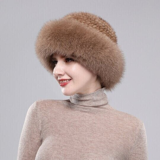 mink fox fur braided real hair warm thick basin hat