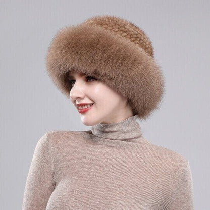 mink fox fur braided real hair warm thick basin hat