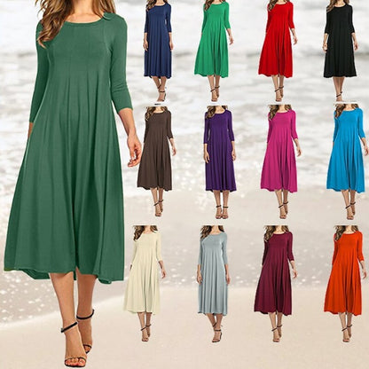 Womens New Mid sleeve Solid Color Swing Dress