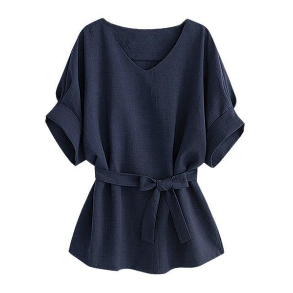 Linen Short Sleeved Shirt With V Neckline