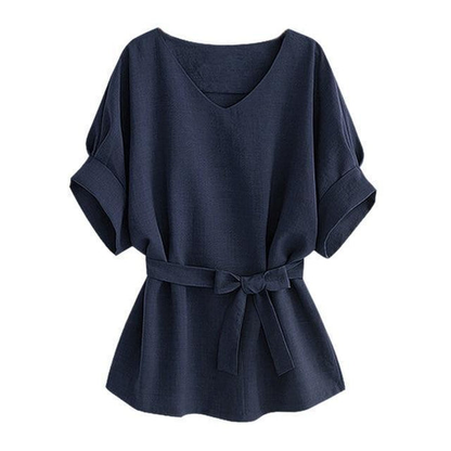 Linen Short Sleeved Shirt With V Neckline