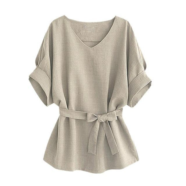 Linen Short Sleeved Shirt With V Neckline